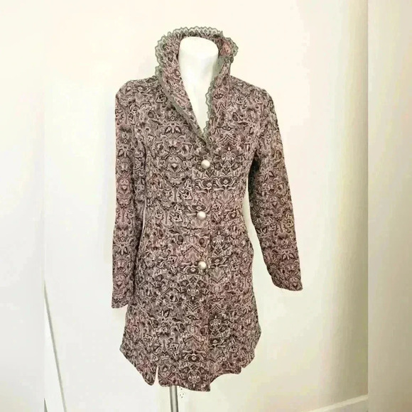 Papillon Los Angeles Tapestry Embroidered Ruffled Lace Green Brown Jacket Size M - Picture 1 of 13